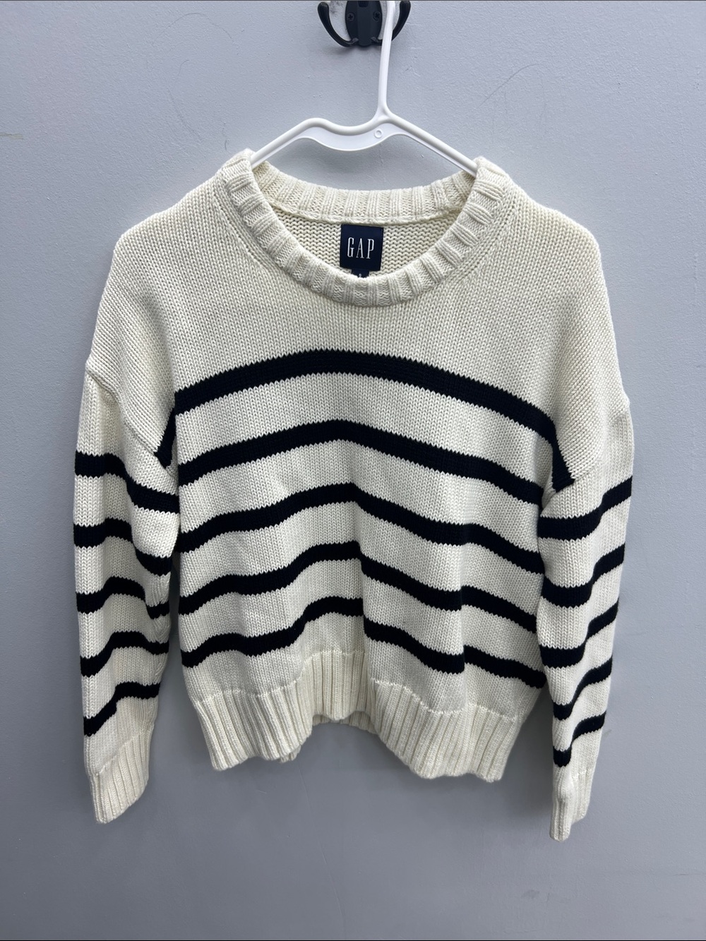 GAP Cream and Black Striped Crewneck Sweater